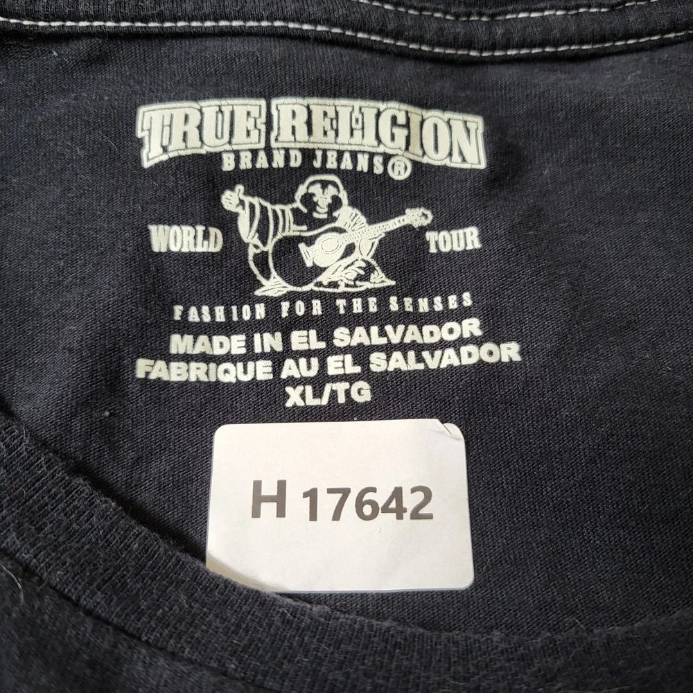 True Religion Men Shirt XL Black Graphic Print Buddha Guitar Banner SS